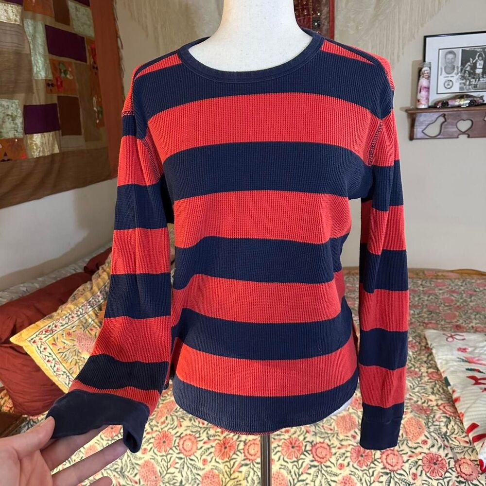 Gap Navy and Red Striped Skater Waffle Knit Long Sleeve